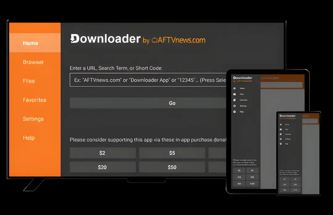 O aplicativo Downloader aberto numa TV, num tablet e num celular, com o menu laranja à esquerda