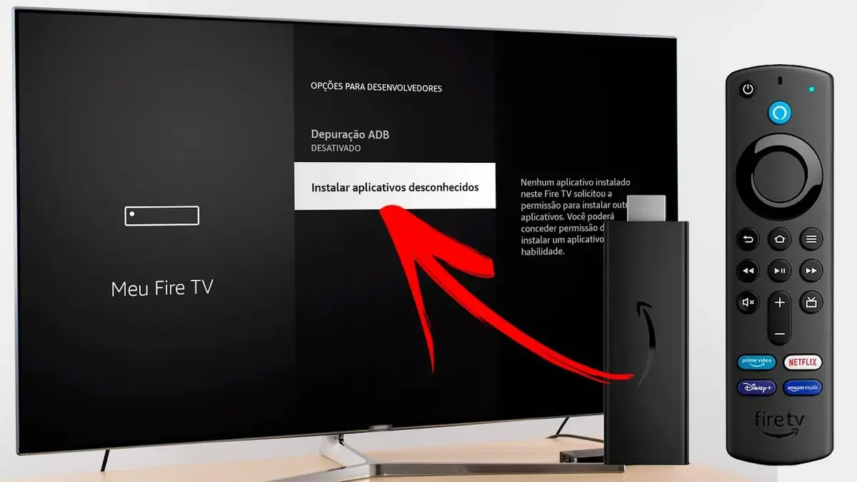 Opção Instalar aplicativos desconhecidos destacada na tela do Fire TV Stick