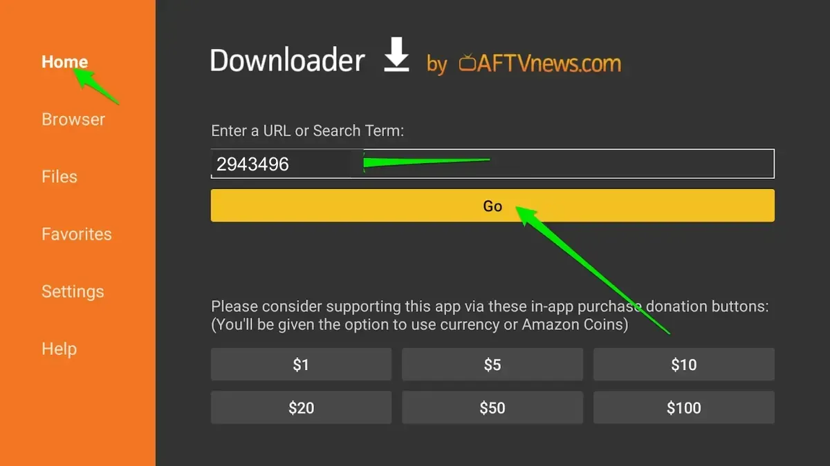 Tela inicial do Downloader com o menu em Home, o código do WPlay digitado no campo de endereço e o botão Go destacado