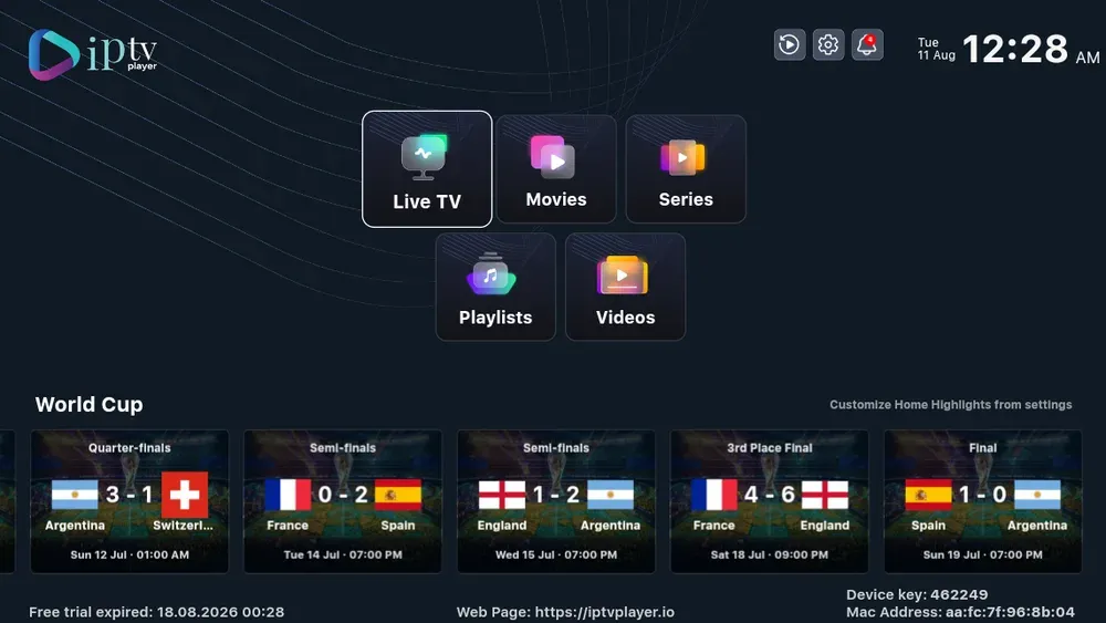 Tela do iptv player usado com a Warez TV