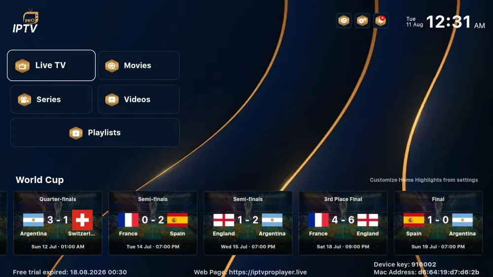 Tela do iptv pro usado com a Warez TV