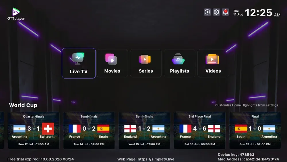 Tela do ott player usado com a Warez TV