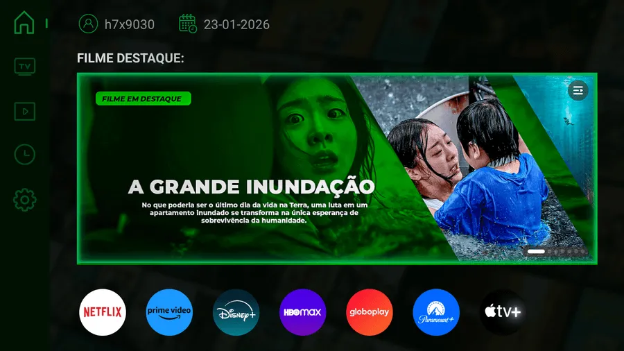 Interface do app Warez TV mostrando filmes e canais ao vivo